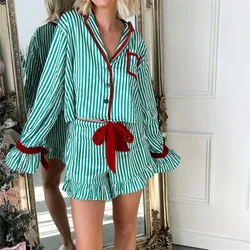 Striped Loungewear Christmas Pajamas Shorts Set Women Y2k Cute Bow Tie Pjs Button Up Shirt+Ruffle Shorts 2 Piece Sleepwear