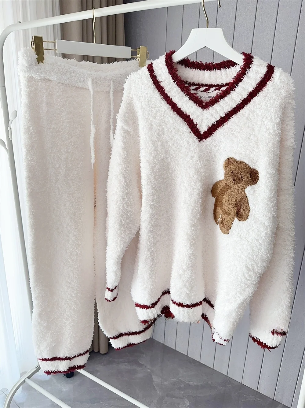 Soft Plu Thiened Autumn Winter Bear V-Ne Couples Home Clothes Long Sve Long Pants Comfortable Spwear Hooded Sweat...