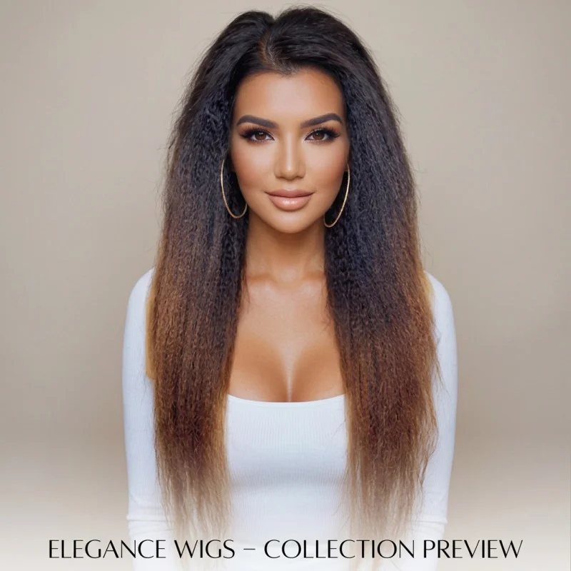 26 Inch 13x4 Lace Front Ombre Black to Brown Kinky Straight Synthetic Wig, Pre Plucked Hairline, Natural Fluffy Heat Resistant