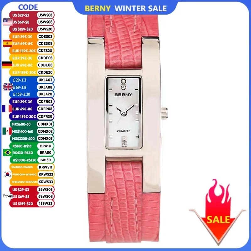 

BERNY Watch for Women Fashion Casual Small Dial Rectangle Quartz Watches Stainless Steel Leather Strap Elegant Ladies Wristwatch