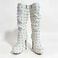 Women's glitter studded platform knee high boots sexy plus size Stiletto heel rivets round toe sexy boot design Christmas shoes