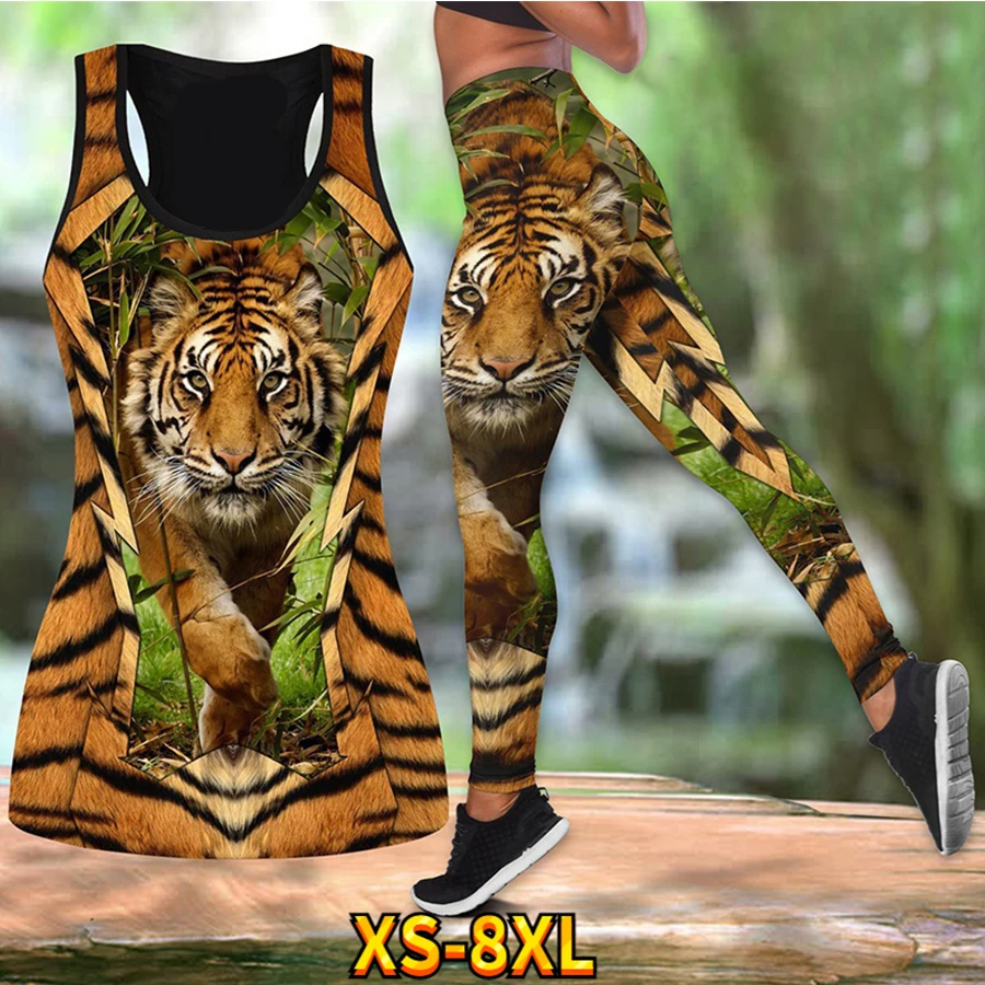 Ladies Outdoor Casual Top Vest with Tiger Head Print Gym Running Butt Yoga Pants Quick Drying Breathable Suit XS-8XL