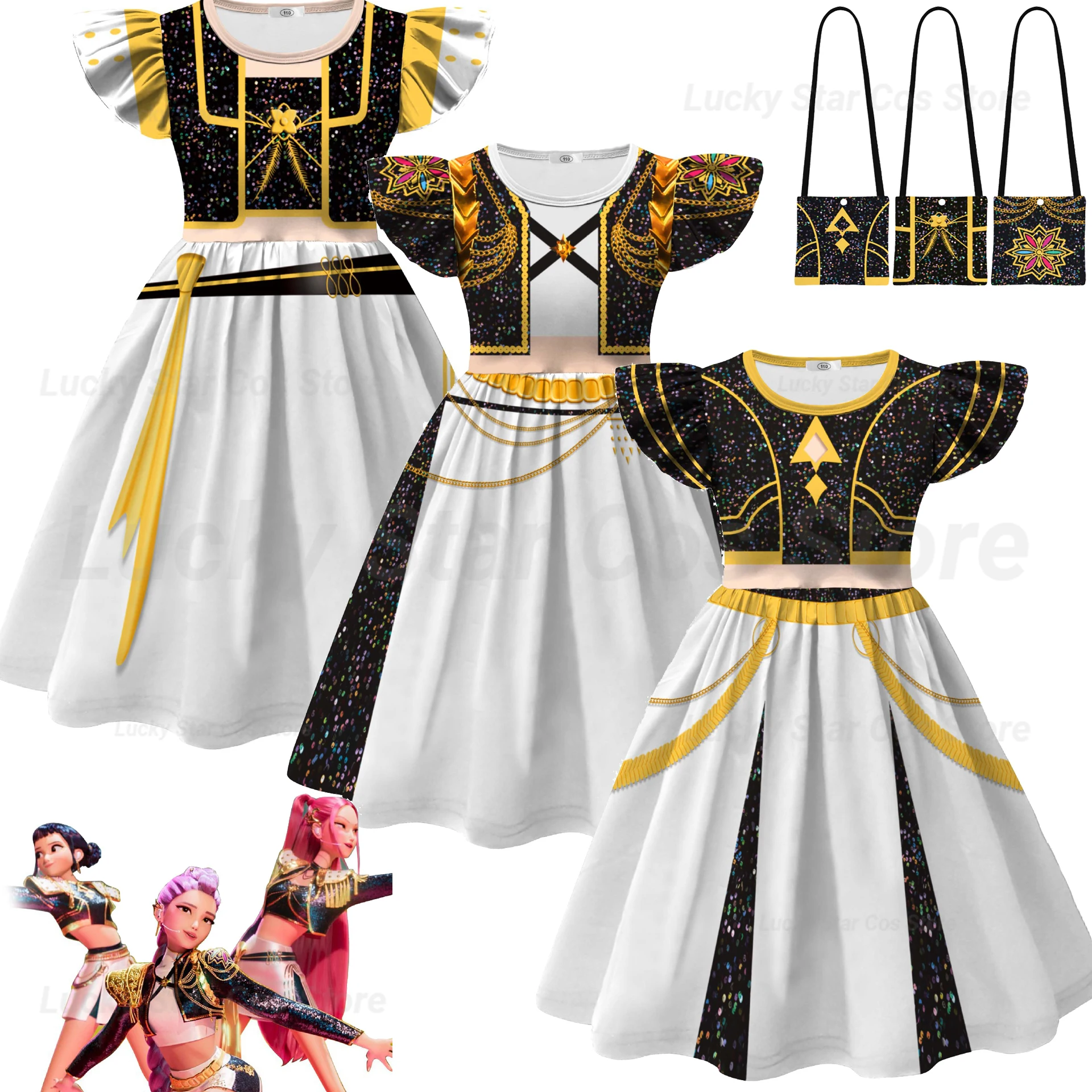 

Kids K-Pop Demon Hunters Dress Rumi Zoey Mira Cosplay Costume Girls Children Casual Flying Sleeve Dresses Halloween Xmas Party