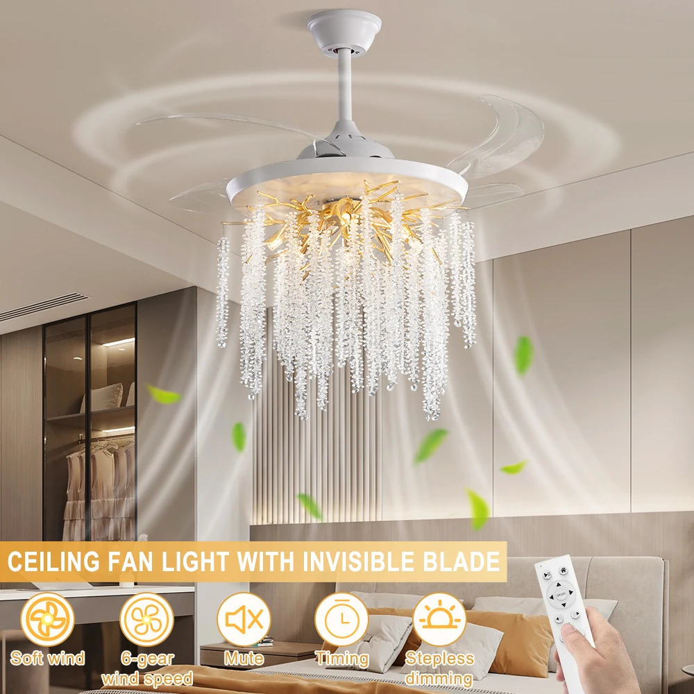 Invisible Ceiling Fan With Chandelier Fan Lights For Bedroom Living Room Kitchen Dining Room Ceiling Fan Chandelier With Remote