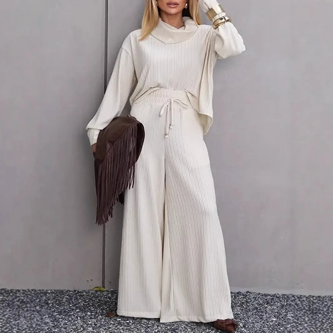 

Temperament Women's Pants Sets Elegant Solid Color Loose High Neck Long Sleeve Tops Loose Wide Legs Trousers Two Piece Set New