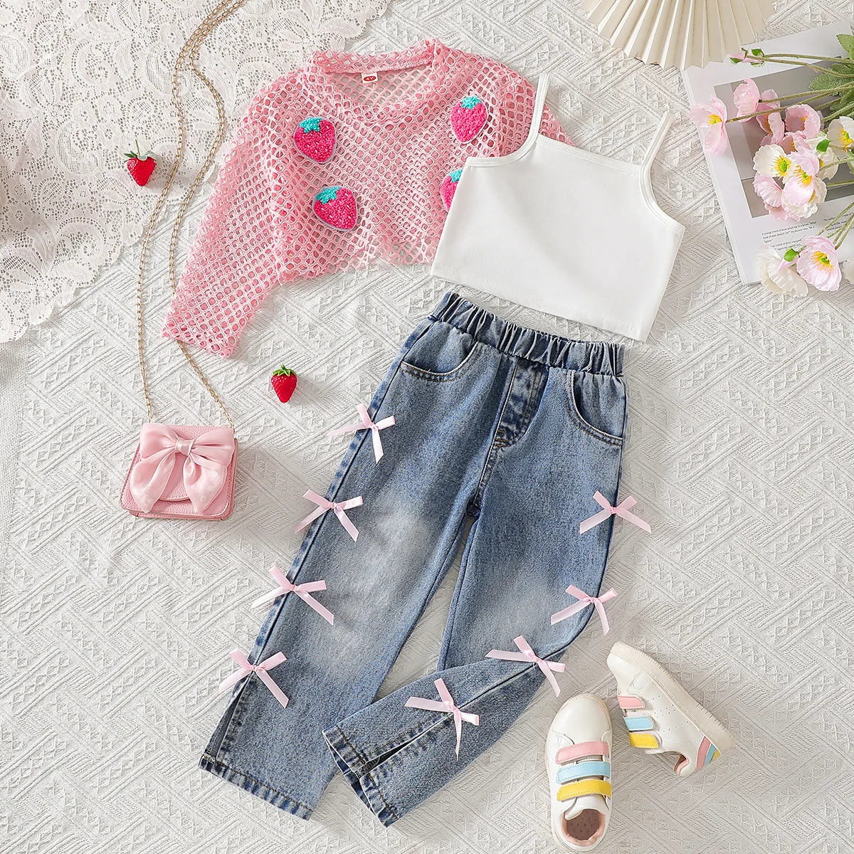 Spring Summer Baby Girl Suits Toddler Girl Clothes Set 3pcs Crop Top Tank T Shirt Denim Pants Jeans with Bow Kid Outfit Boutique
