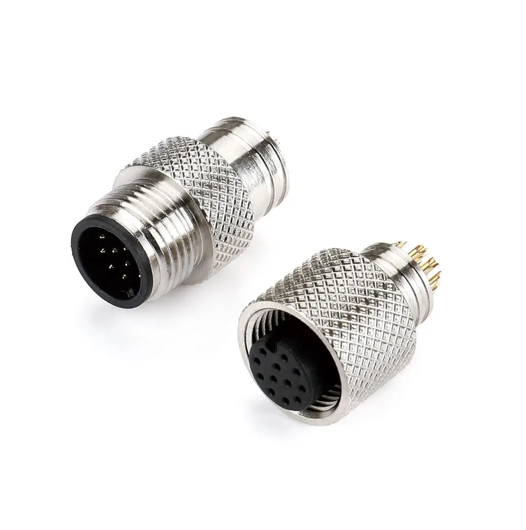 M12 12 Pin Connector Kit Male Female, Metal Shield Solder Type Straight Molded Cable, Thread Lock IP67 9.5mm Industrial