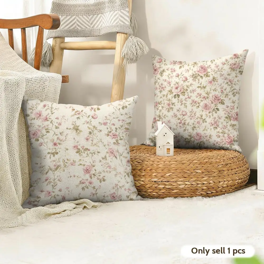 Shabby Chic Blumenmuster Creme Kissenbezug Leinen Dekokissen Weich Dekorativ für Bett Sofa Auto Heim Deko Kissenhülle 45x45cm