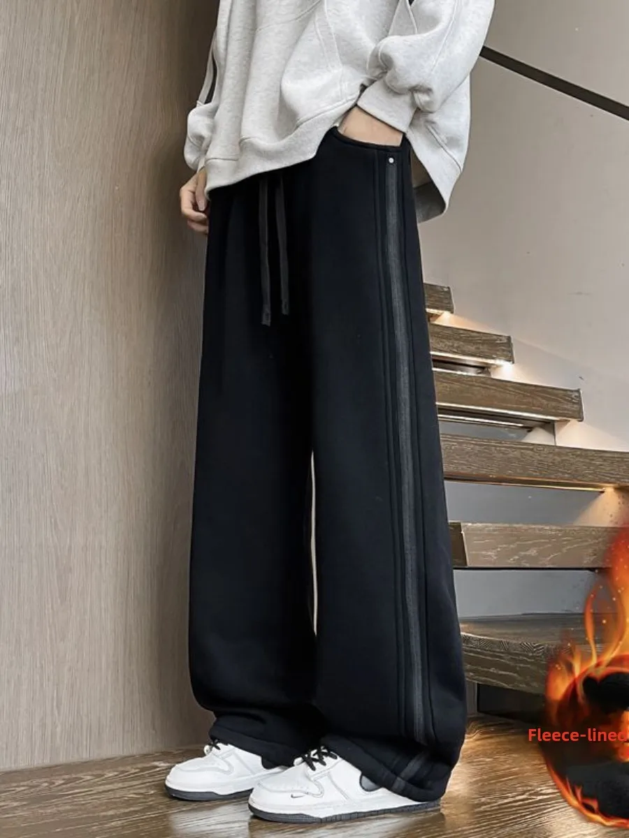 

Мужские утепленные брюки прямого кроя на флисовой подкладке, зимние спортивные брюки с высокой талией, модные свободные длинные брюки