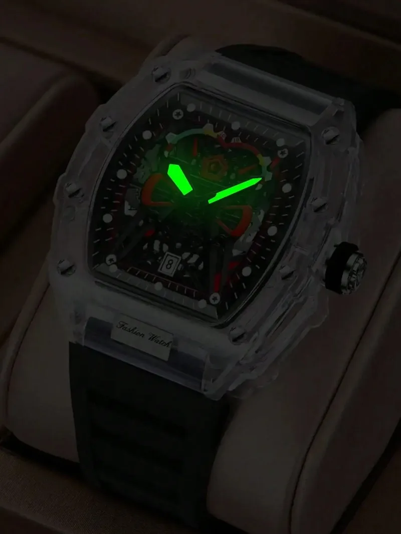جديد الرجال كوارتز ساعة شفافة حالة سيليكون حزام مضيئة التقويم ساعات المعصم الترفيه الرياضة نمط ساعة كوارتز للرجال