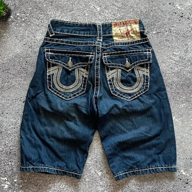 Celana pendek bordir 90s, celana pendek Denim Vintage untuk olahraga, celana Hip-Hop, hitam, uniseks, celana Denim Retro Punk kasual