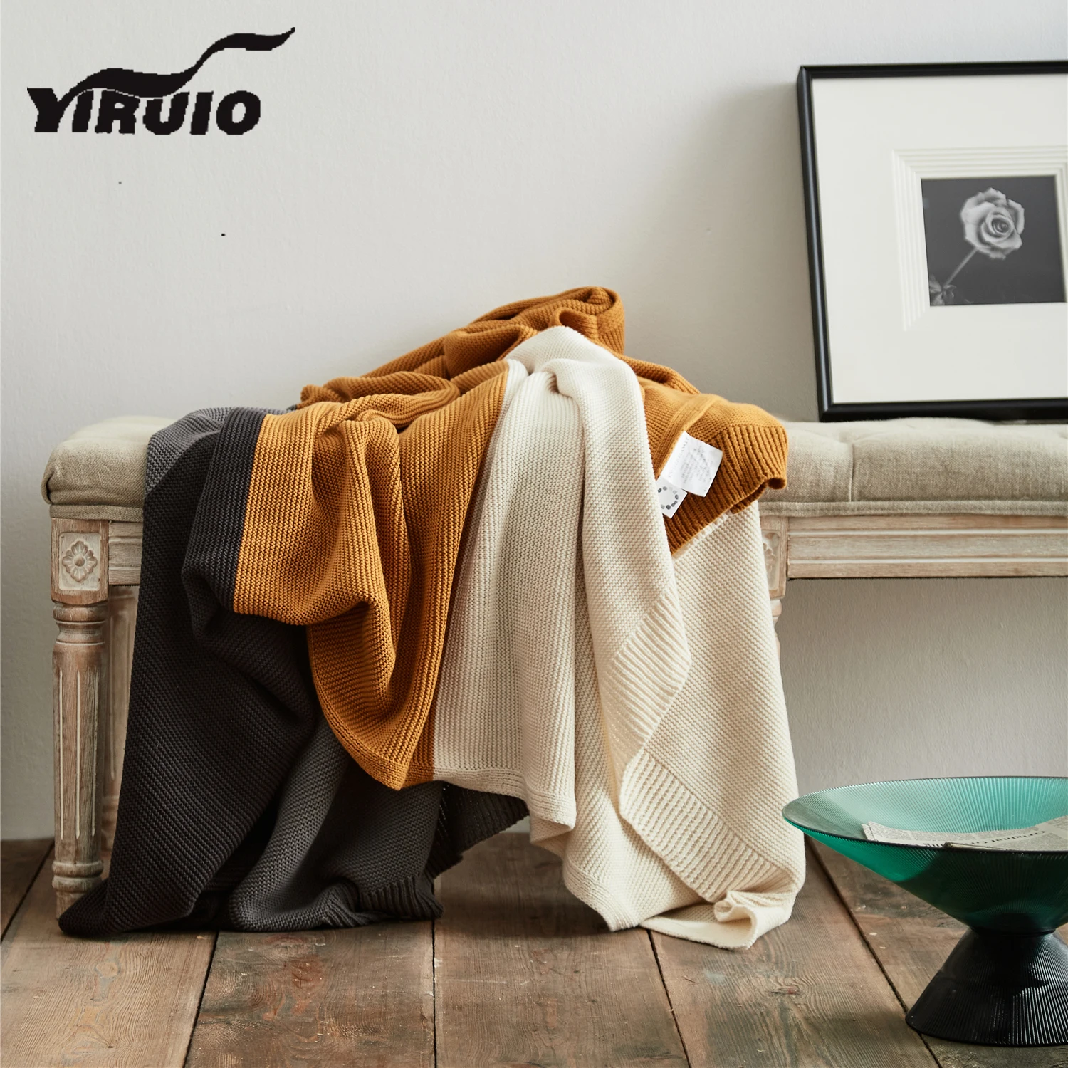 YIRUIO Art Contrast Color Chic Cotton Throw Blanket Girl Classroom Library Study Room Graceful Warm Soft Knitted Plaid Blanket