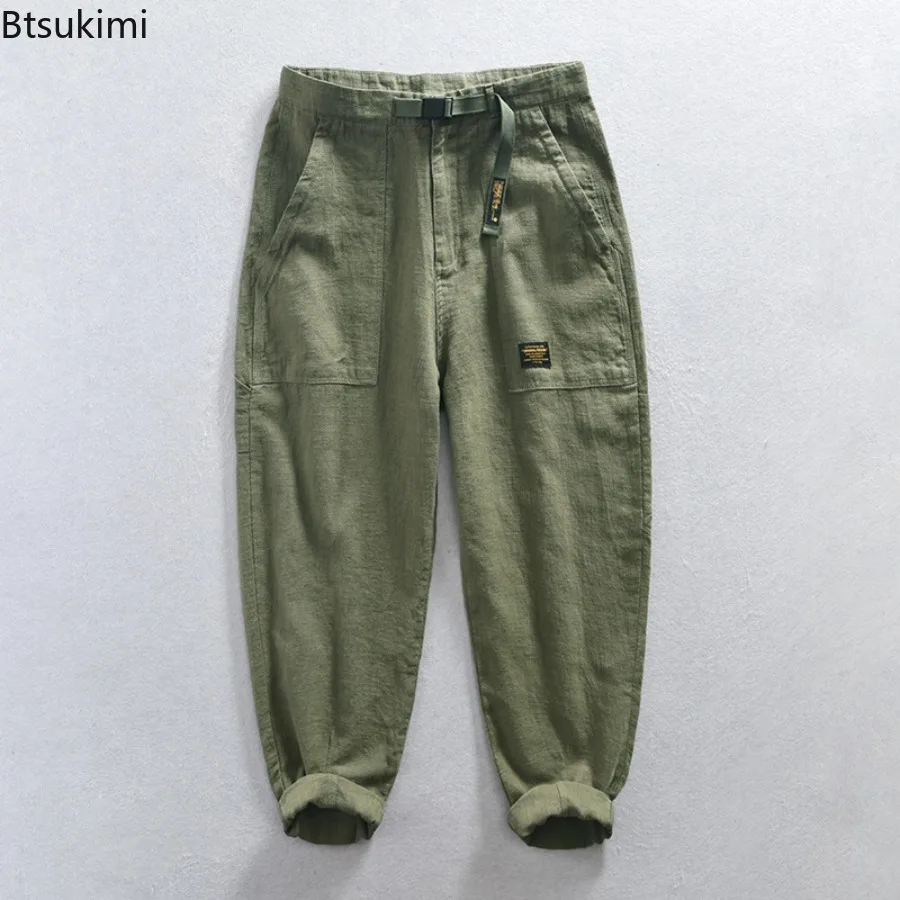 2025 Men's Solid Color Vintage Cargo Pants Spring Summer New Breathable Cotton Linen Casual Trousers Male Streetwear Baggy Pants