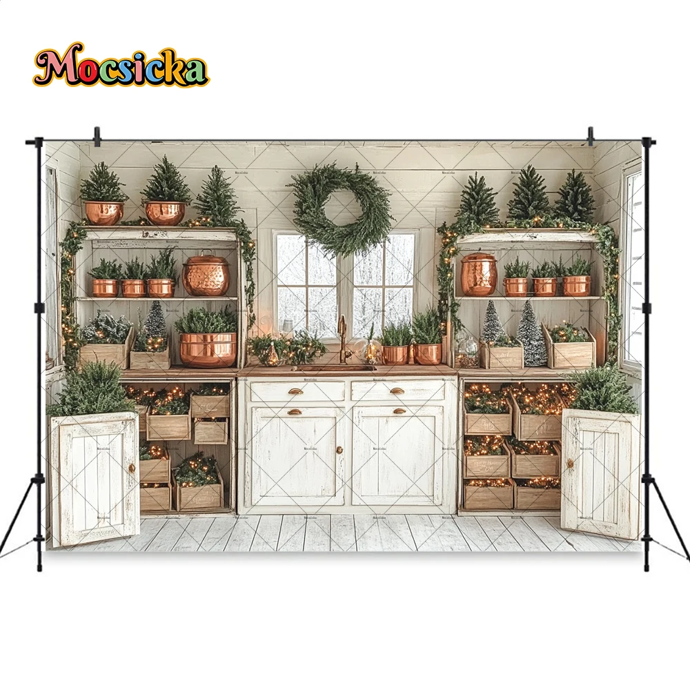 Mocsicka White Christmas Party Background Rustic Kitchen Xmas Tree Garland Backdrop Decor Winter Room Window Photobooths Studio