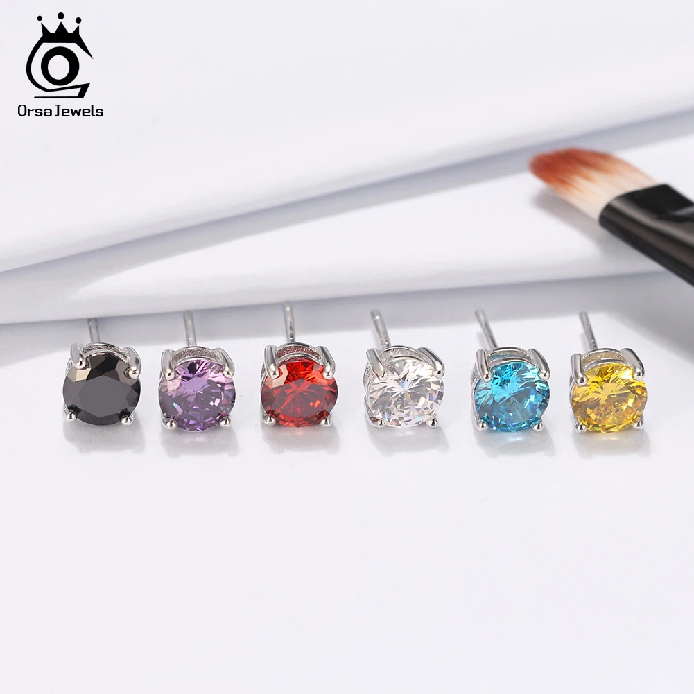 

ORSA JEWELS 1 пара красочных серег-гвоздиков с цирконом CZ, серьги-гвоздики с камнем, модные гипоаллергенные серьги из стерлингового серебра 925 пробы SE84