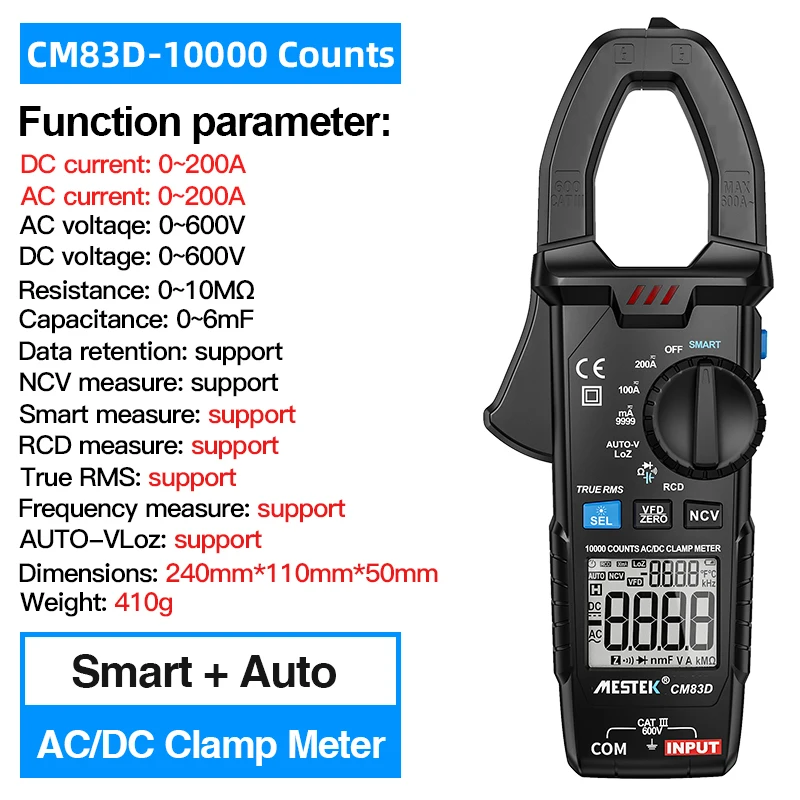 MESTEK-Medidor de pinza Digital CM83D True RMS, amperios de CA y CC, multímetro de abrazadera de voltaje de corriente, ohmios, Ferramentas