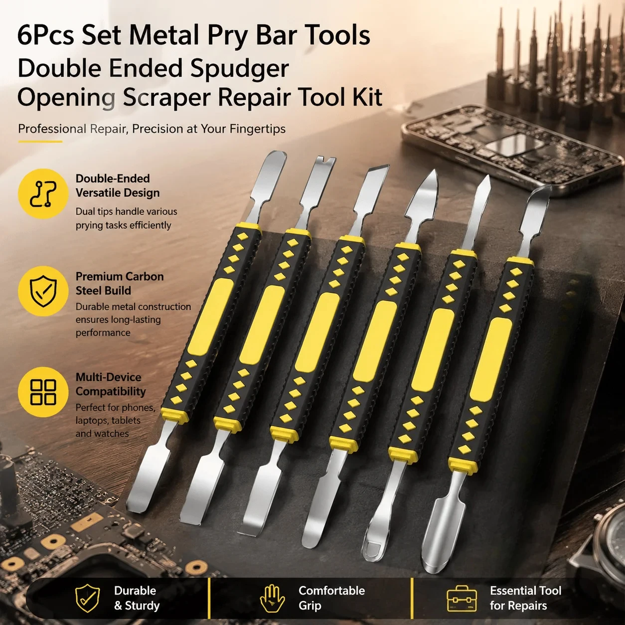 Professional Phone Repair Kit Pry Bar Tools Spudger Set Premium Carbon Steel Double-Ended Precision Opening Tools For Electronic Disassembly Metal Crowbar Portable Pocket-Sized Multi-Device Compatible Technician DIY Tool Kit Set Prying Tools For Phone