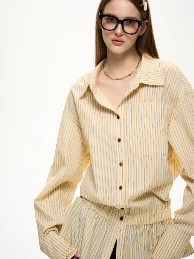 ADAgirl Yellow Striped Dress Shirt Long Sleeve Pleated Patchwork Blouse Female Korean Spring Fashion Preppy Style Clothes Chic