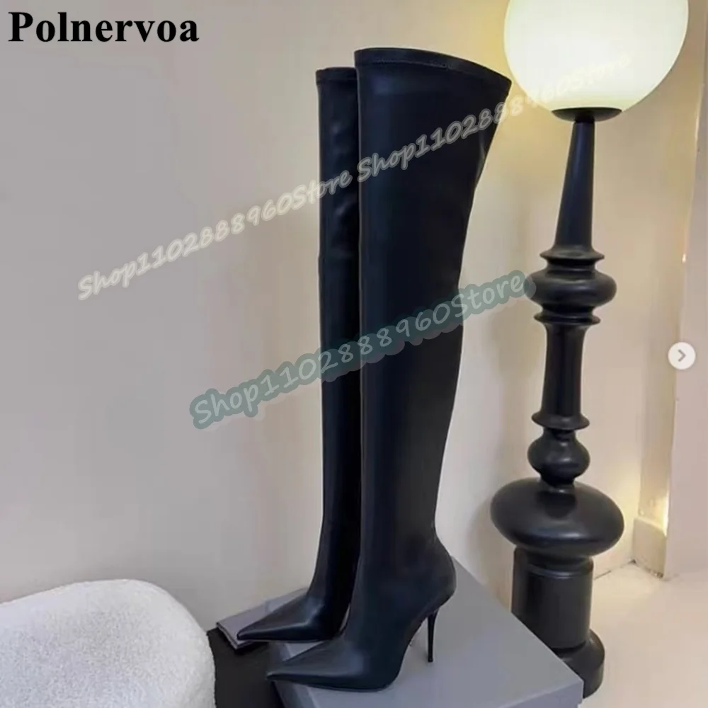 

Over The Knee Black Leather Pointy Boots Stilettos High Heel Shoes For Women Side Zipper Pointed Toe High Quality Stylish Boots