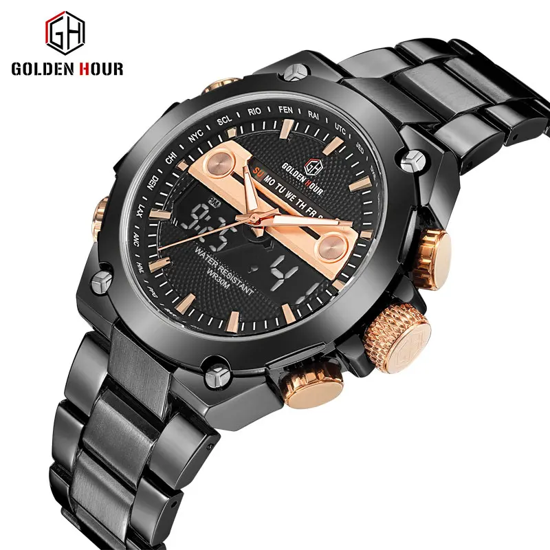 

GOLDENHOUR Men's Black Stainless Steel Watch Luxury Industrial LED Digital Analog Dual Time Waterproof Luminous Quartz Clock