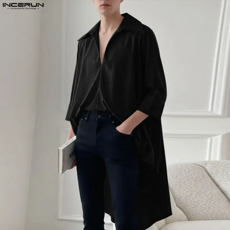 INCERUN Men Irregular Shirt Solid Color V Neck 3/4 Sleeve Male Tops Streetwear Loose Korean Style Fashion Casual Men Clothing