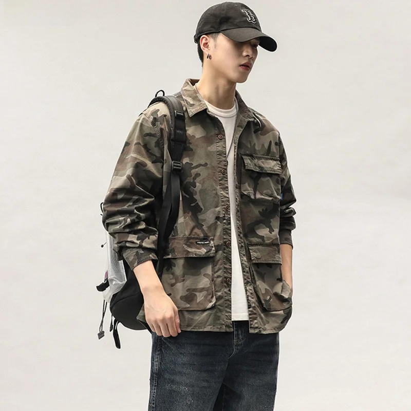 

American Retro Workwear Long Sve irt Spring Autumn New Trend Loose Collar Heavyweight Camouflage Jaet Coat for Men