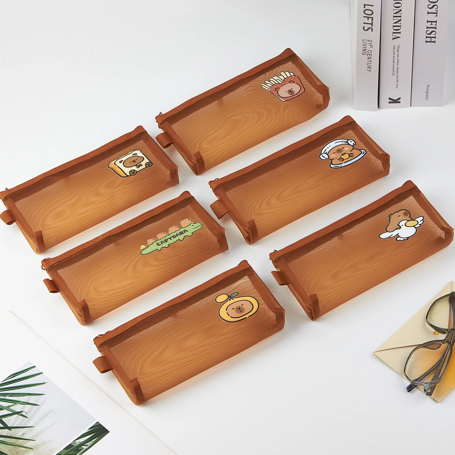 Capybara Mesh Pencil Bag Pen Case Cartoon Design Simple Transparent Storage Pouch for Stationery F7777