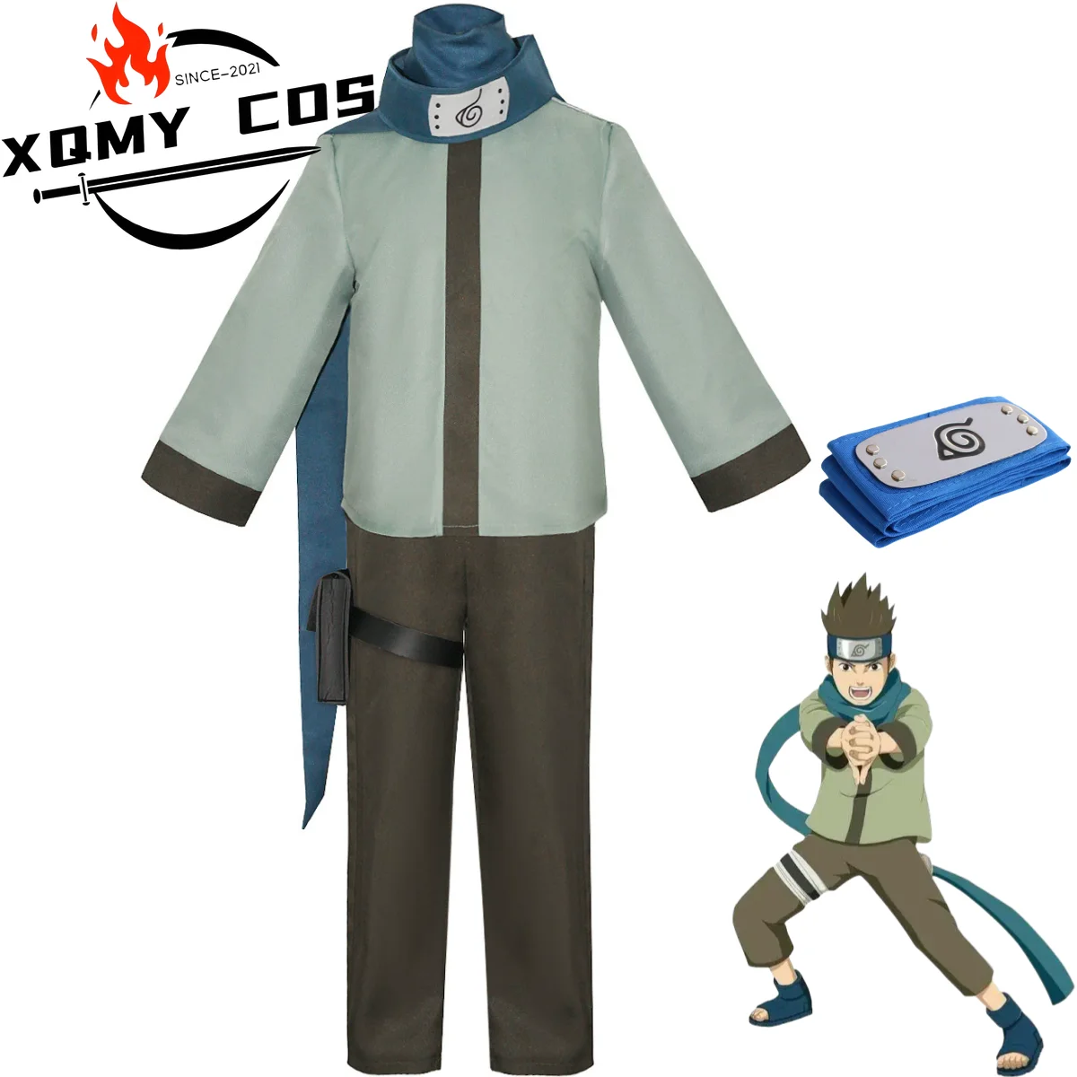 Xqanime sarutobi konohamaru cosplay traje casaco verde topos uniforme conjunto completo cachecol bandana adulto homem halloween terno de natal