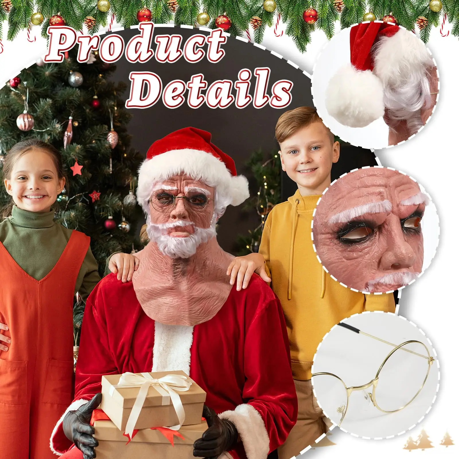 3PCS Realistic Santa Claus Mask Christmas Hat Glasses Old Man Beard Full Head Latex Costume Props Adult Men Cosplay For Xmas