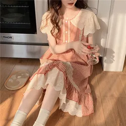 Plaid Retro Elegante Casual Nachthemd Zachte Ruches Zoete Eenvoudige Zomer O-hals Prinses Lange Nachtkleding Katoen Kant Korte Mouw