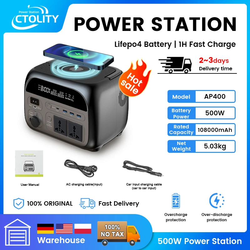 Ctolity 345Wh 500w Portable Power Station 220v Lifepo4 Battery Solar Generator 108000mAh Camping Equipment Wireless Charging