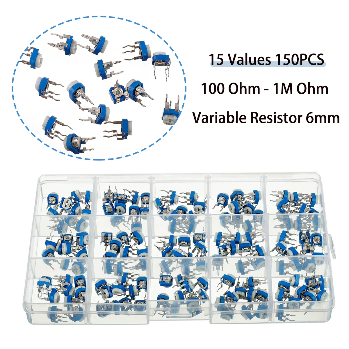 150Pcs Variable Resistor 100 Ohm-1M Ohm Trimmer Potentiometer Assorted Kit 15 Types 1K 3.3K 10K 20K 30K 47K 100K 500K
