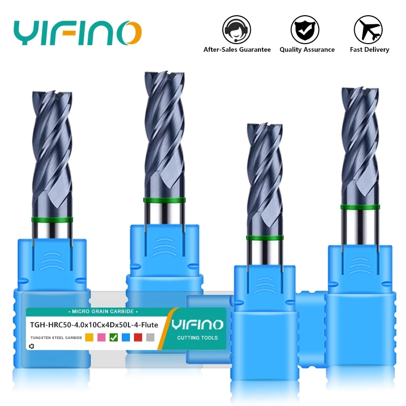 Yifino-Tungsten Steel Carbide Flat Bottom Fresa, Green Ring 4F, CNC Usinagem Mecânica, Ferramentas especiais End Mill, TGH-HRC50