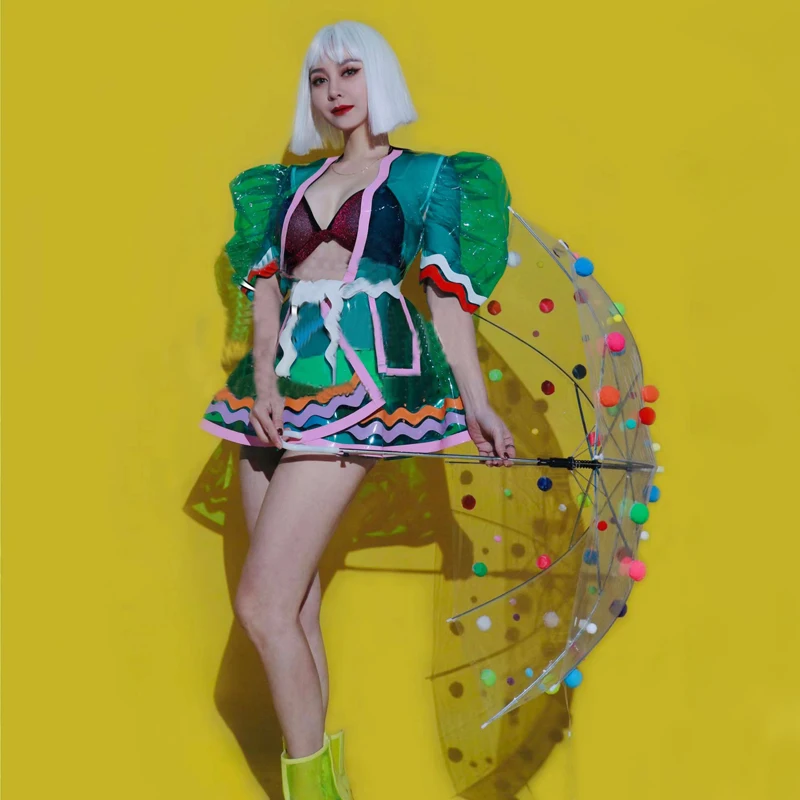 

Bar Nightclub DJ DS Pole Dance Outfit Colorful Transparent Stripe Dress Sexy Sequin Dress Women Gogo Costume Rave Outfit XS5763