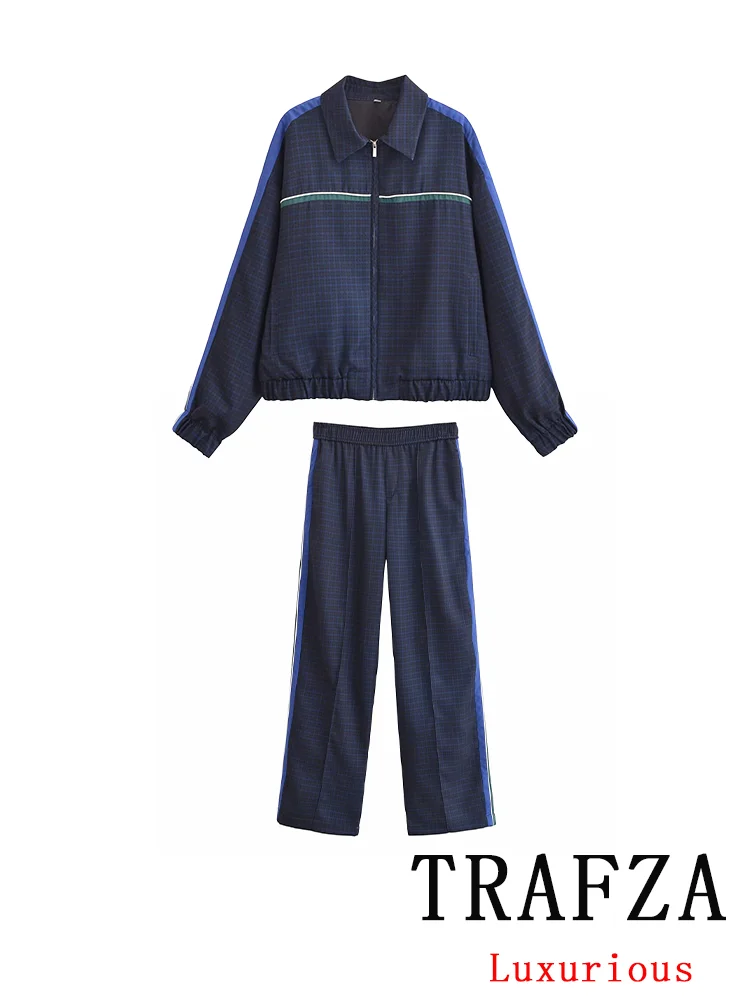 TRAFZA Vintage Casual Chic Women Suit Plaid Side Stripe Long Sleeve Jacket Loose Long Pants Fashion 2025 Spring Streetwear Sets