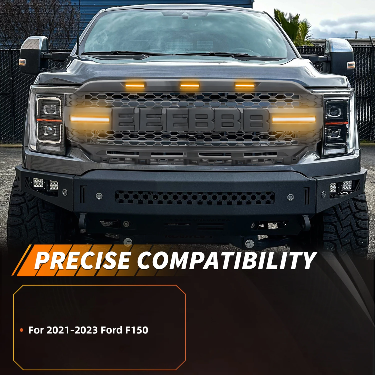 1PCS For 2021 2022 2023 SHELBY F150 3 in 1 [Upgraded] Front Grille with Amber Sequential Light & White DRL Light Turn Signal