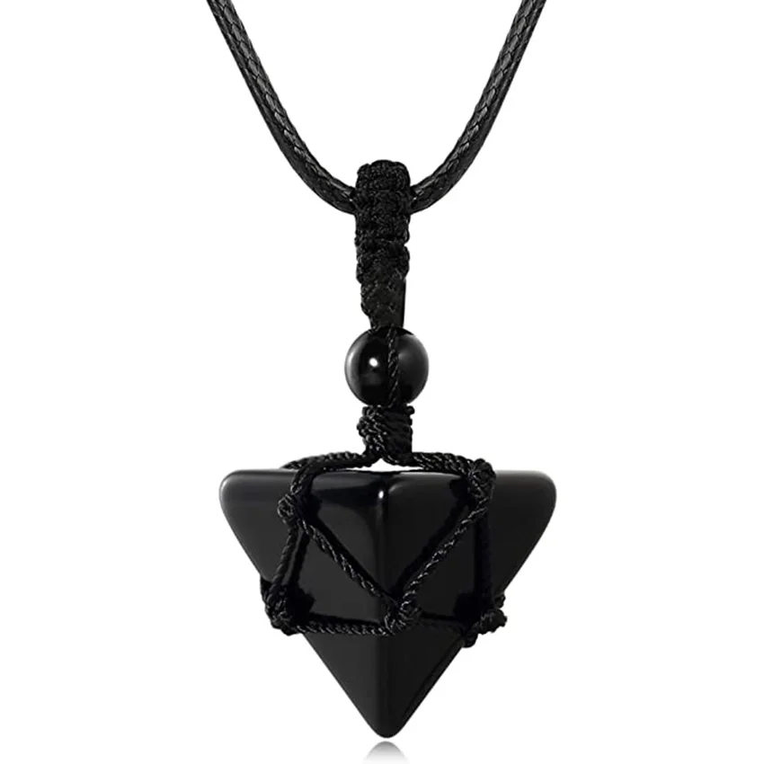 Tree of Life Wire Wrapped Natural Black Onyx Hexagonal Moon Pendant Pyramid Ping Buckle Hand-woven Necklaces Women Men Jewelry