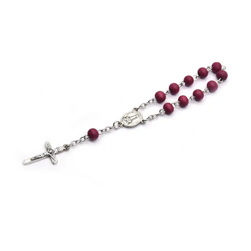 Red Wood Rosary Bracelets With Box Alloy Cross Catholic Jewelry