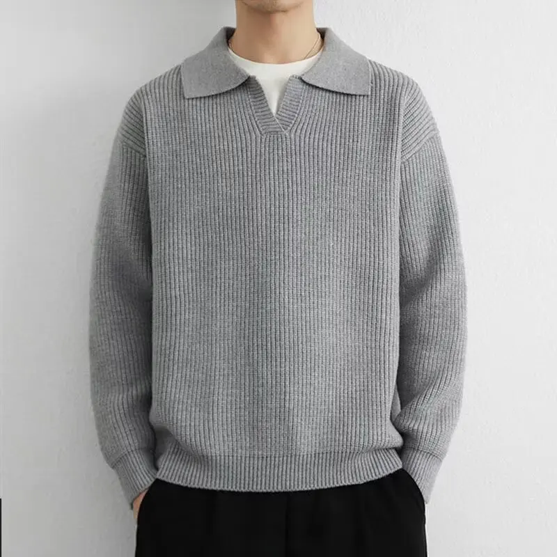 

Мужской повседневный свободный вязаный свитер, пуловер с воротником, зимний модный базовый топ из полиэфирного волокна, молодежный активный топ Long Sve