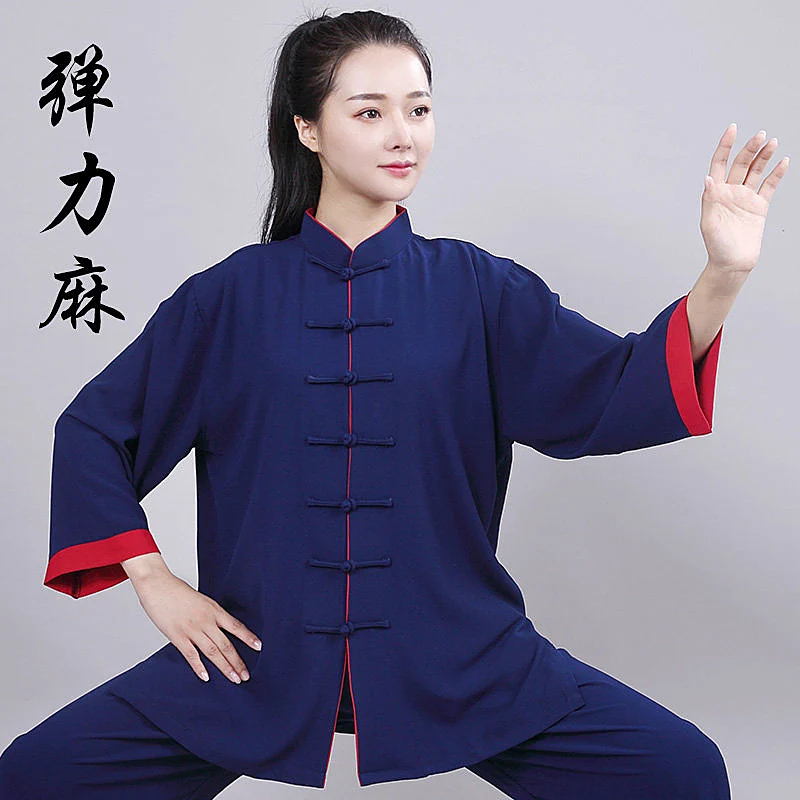 Custom Unisex Stretch Cotton Linen 3/4 Sleeve Trim Tai Chi Suit - Team Martial Arts Morning Practice Performance Set