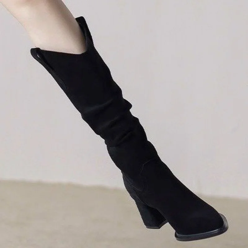 Women Suede Ruched Slouch Block Heel Knee High Western Boots, Pointed Toe Chunky Heel Fall Winter Fashion Cowboy Riding Boots