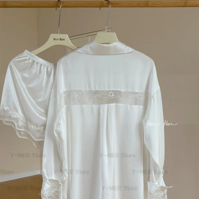 White Lapel Shirt Shorts 2Pcs Pajamas Female Satin Sleepwear Sexy Lace Trim Homewear Nightwear Summer New Loungewear Lingerie 3
