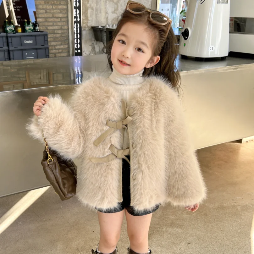 Winter Childent Loose Cute Bow Coat Thick Warm Jacket Cotton Girls Jacket Casual Artificial fur Outwear Clothing Outwear