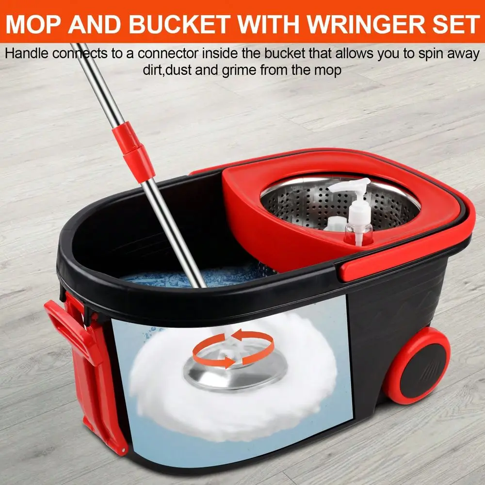 360° Spinning Mop Bucket, 3 Washable Microfiber Pads, Adjustable Stainless Steel Handle, Easy Moving With Wheels For Floor Cleanning