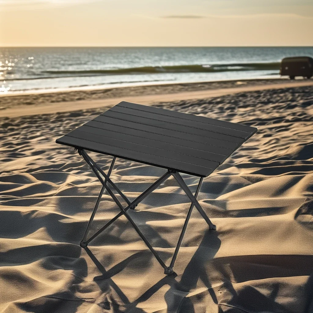 

A Portable Ultra-light Black Aluminum Alloy Camping Table With Mesh Storage Bag Gym-Friendly Foldable Table