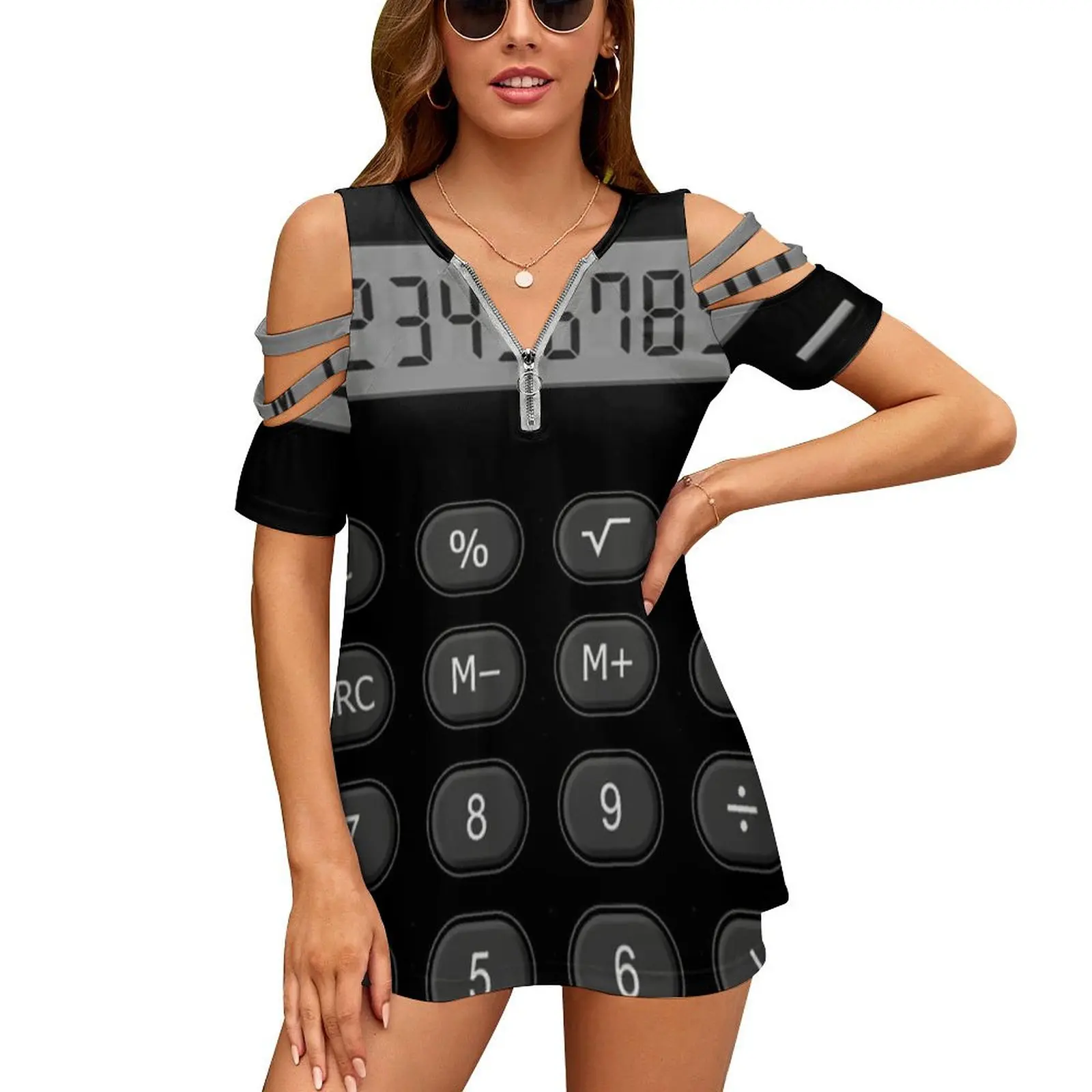 Retro Calculator Women's T-Shirt New Fashion Printed Zipper V-Neck Short Sleeve T Shirts Casual Plus Size Vintage Retro Old