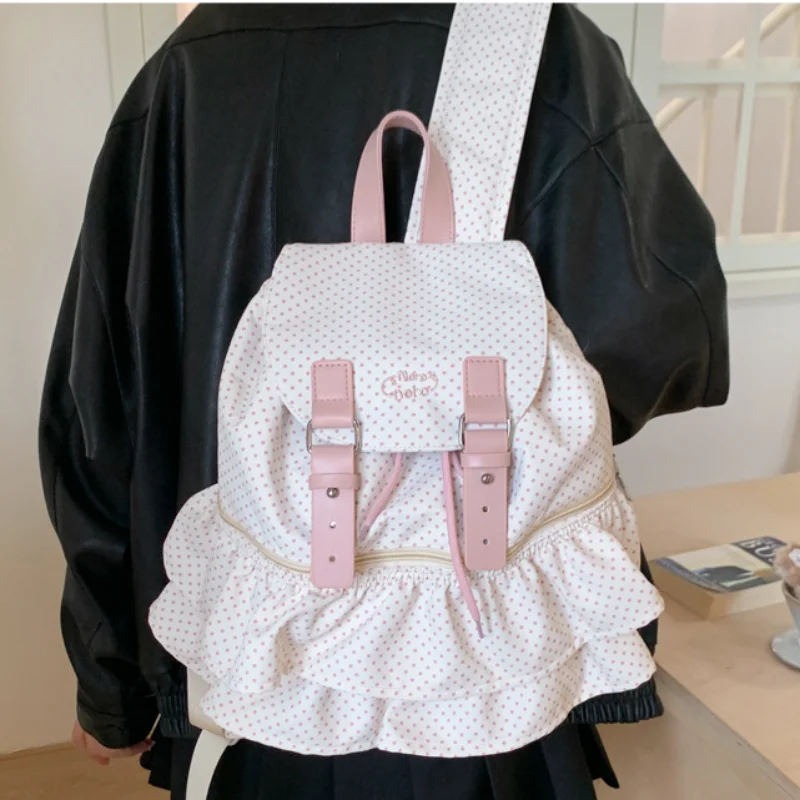 Sweet Lolita Ruffle Layer Backpack Girls Polka Dot Drawstring Shoulder Bag Embroidery Flap Backpack For School Outdoor Travel