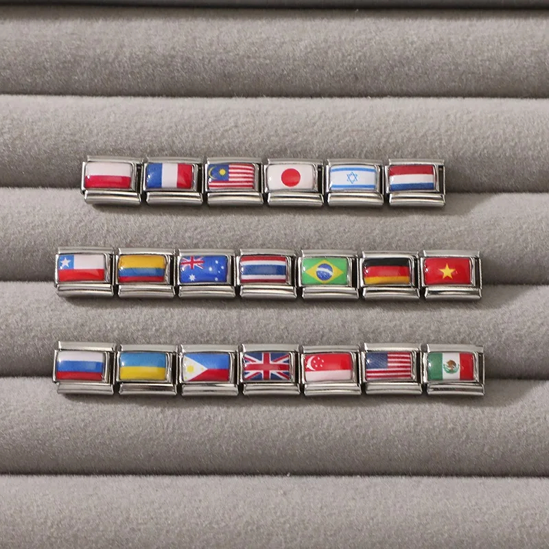 Wholesale 2025New Stianless Steel World National Flag Colorful Italian Charm Fit 9mm Bracelet Link Hand Chain DIY Making Jewelry image 6