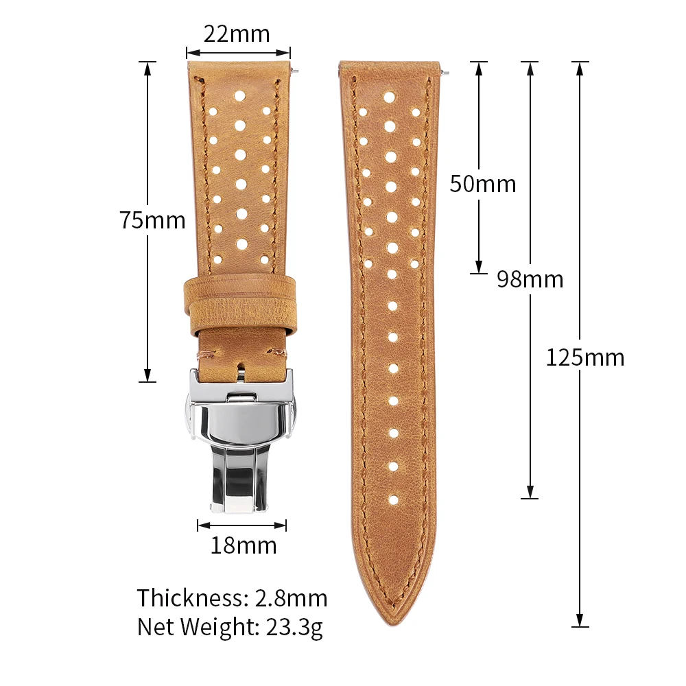 Vintage Racing Leder-Uhrenarmband 18/19/20/21/22/24mm Schnellverschluss-Armband Schmetterlingsverschluss Braun Atmungsaktive Poröse Uhrenbänder – Detail 3