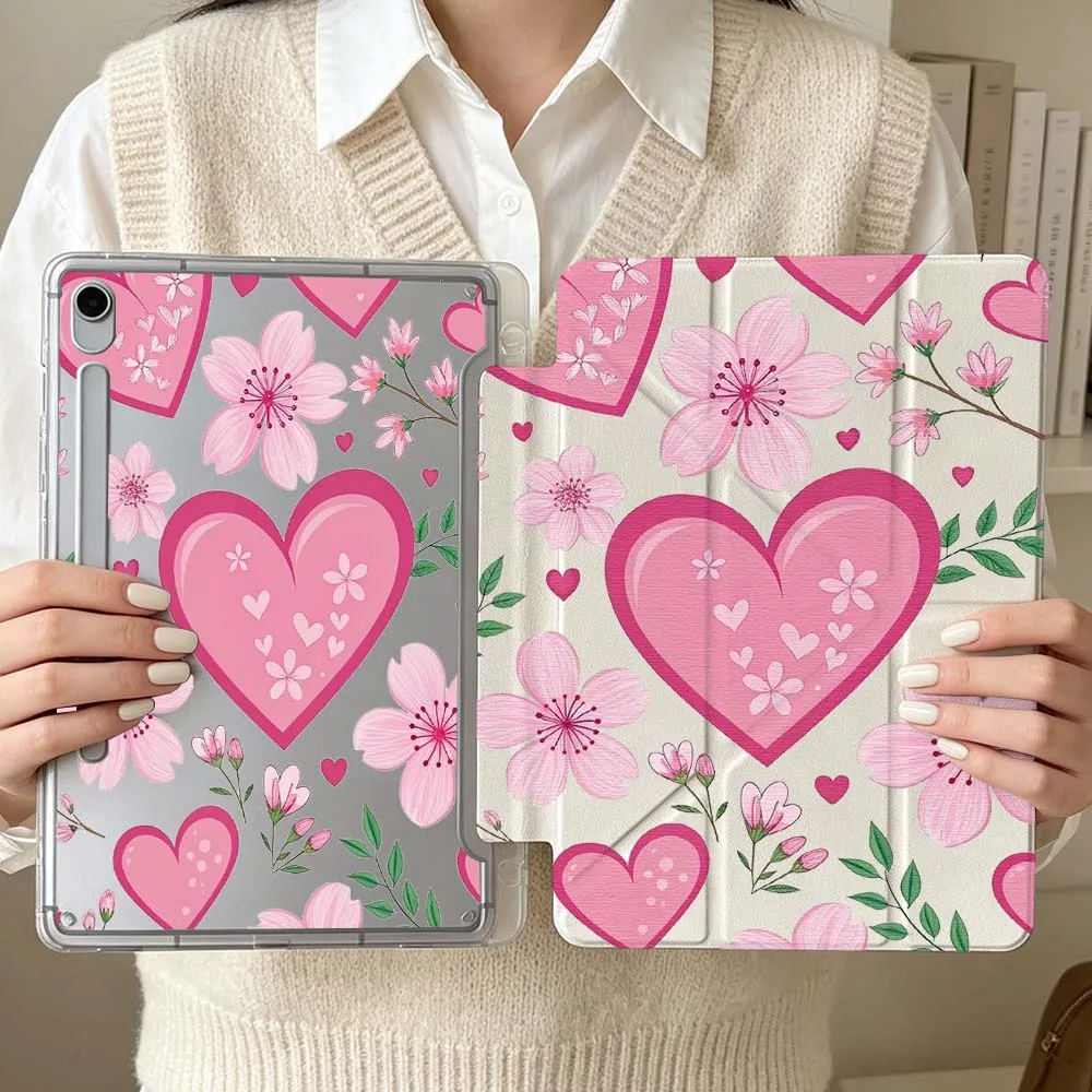Capa de Tablet Macia com Desenho de Coração Rosa e Flor para Samsung Galaxy Tab S6 S7 S8 S9 S10 A8 A9 A11 Lite FE Plus 3Y